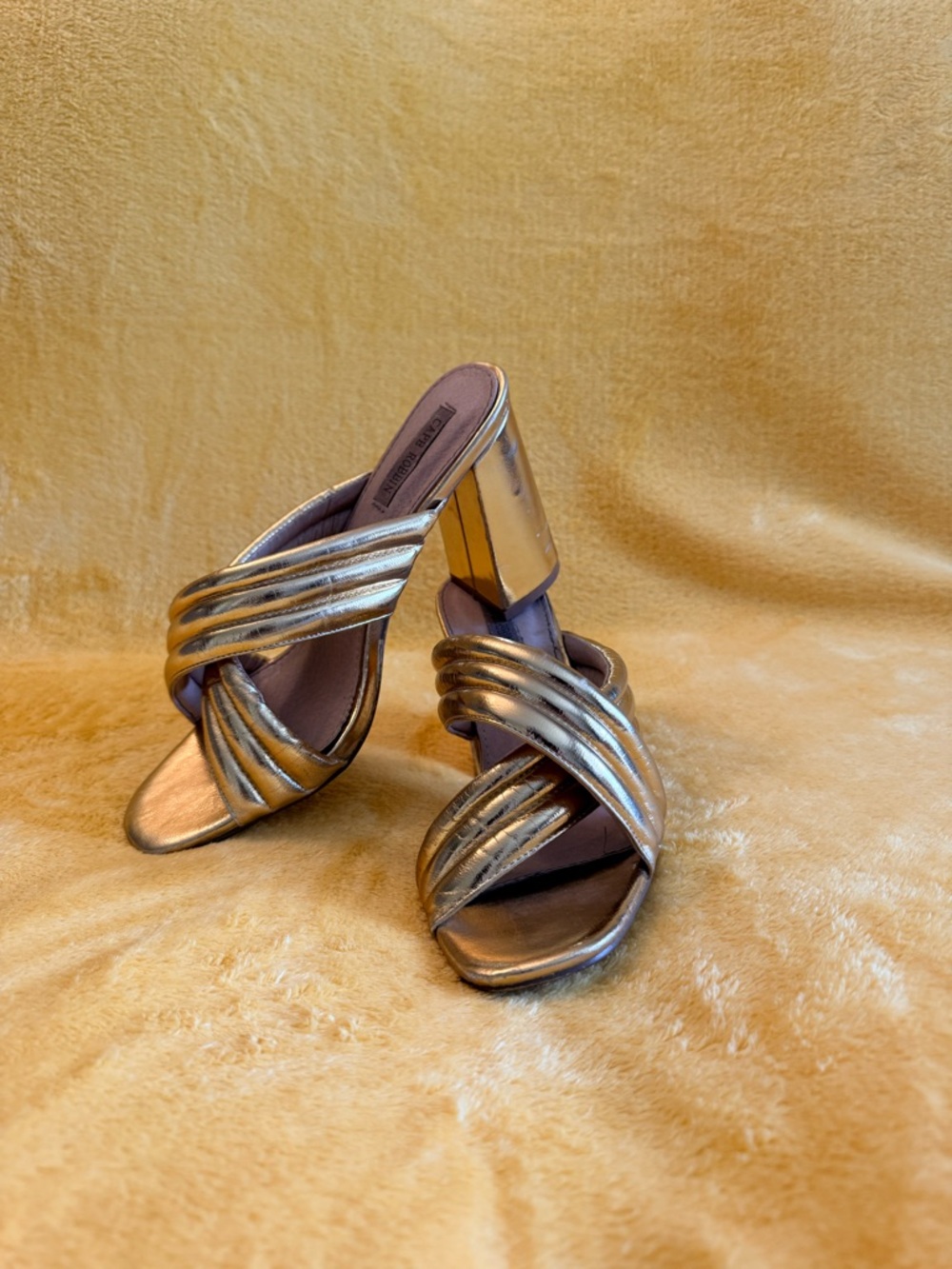 Cape Robbin Metallic Gold Crisscross Block Heel Slides